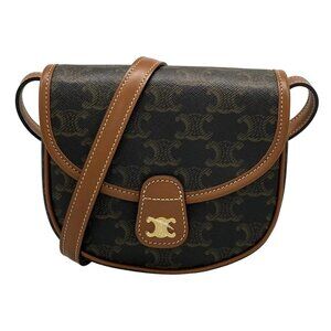 Auth CELINE Mini Buzas - Tan Triomphe Canvas Calf Skin Shoulder Bag